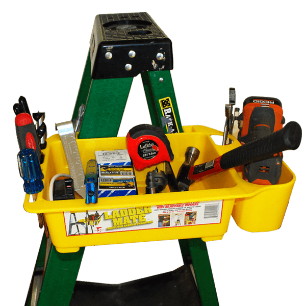 The Rack-A-Tiers Ladder Mate tool tray attached to the side of a ladder. Inside it is a hammer, tape measure, drill, and many other tools