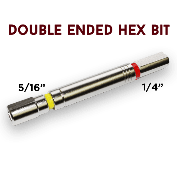 A steel double-sided hex bit. One end is yellow and labeled 5/16 inch and the other end is red and labeled 1/4 inch. Manufactured by Rack-A-Tiers.