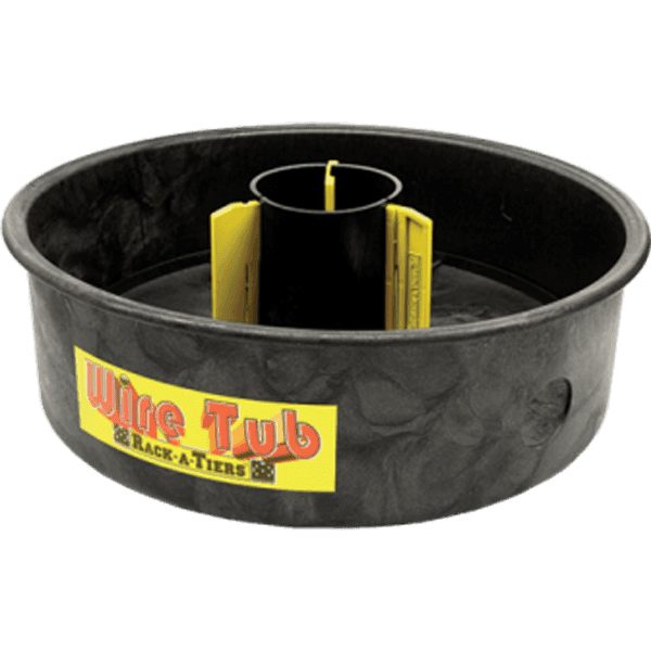Wire tub coil dispenser by Rack-A-Tiers. The product is made of black structural foam and has red and yellow branding.